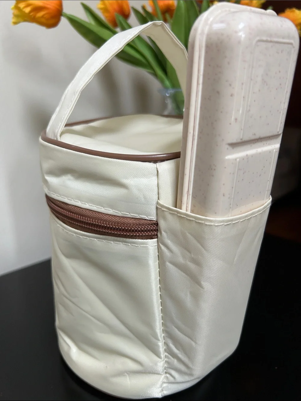 Cream Lunch Box Cooler Bag with Brown Trim